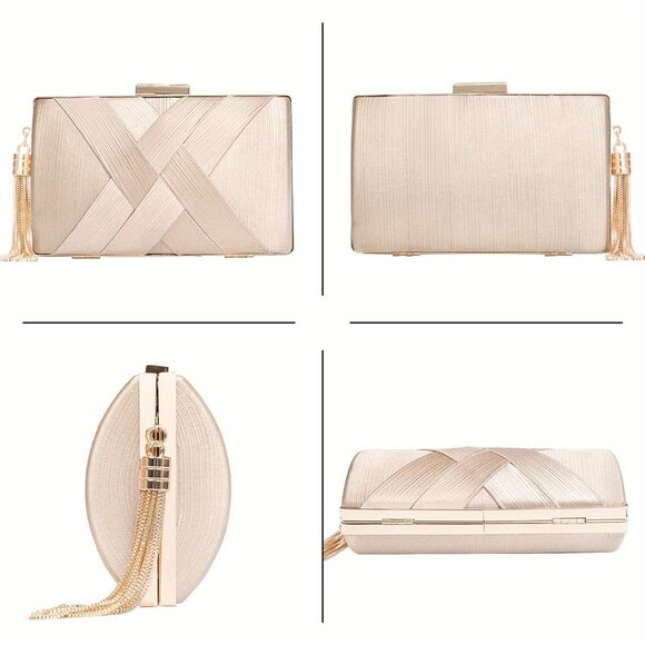 Elegant Champagne Satin Evening Clutch with Tassel - Picture 6 of 7
